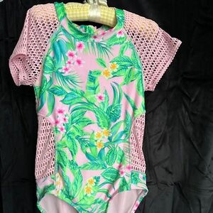 Art Class, Pink and green tropical pattern short sleeve swim suit, size 6